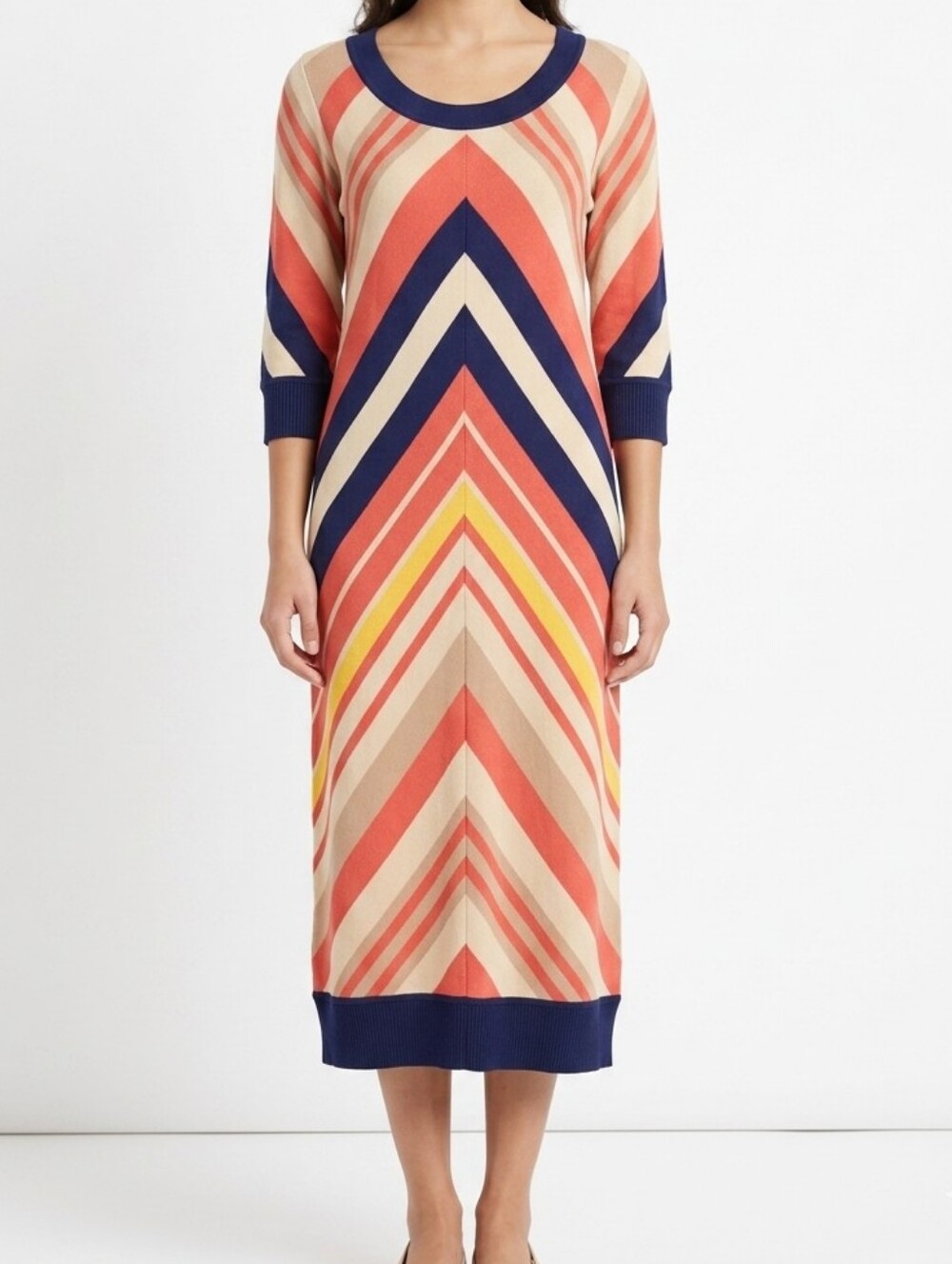 Diane Von Furstenberg 3/4 Sleeve Chevron Striped Sweater Dress Size Medium